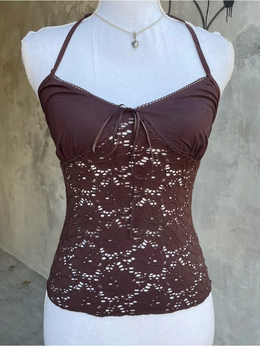 Vintage y2k Brown Floral Lace Sheer Halter Top